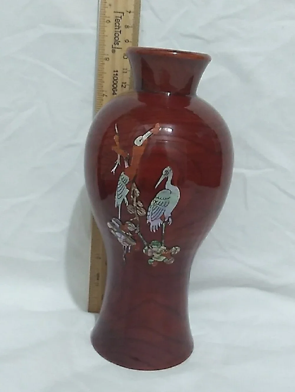 VNTG Japanese Red Lacquer Wood Vase  Mother-of-Pearl Crane  (B9)